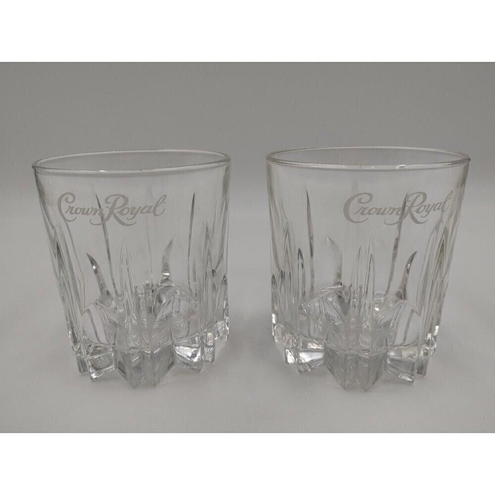 LOT Of 2—CROWN ROYAL Starburst White Cursive Logo Rocks Glasses ITALY Vintage